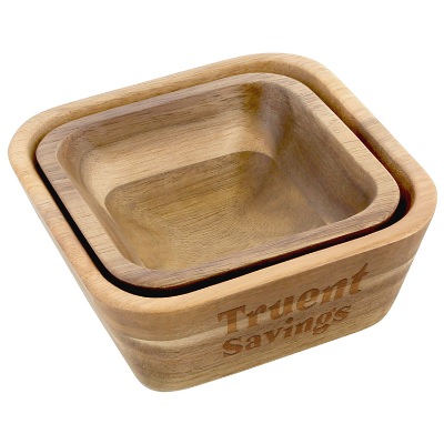 La cuisine acacia wood nesting bowls with laser engraved custom imprint.