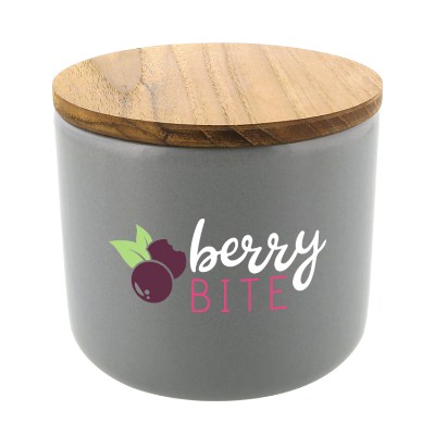 Ceramic and acacia wood stoneware container with personalized full color imprint.