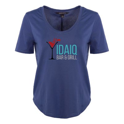 Insignia blue women's tee with custom full color logo.