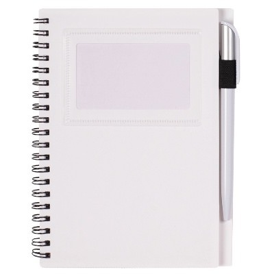 Red notebook with photo window and pen.