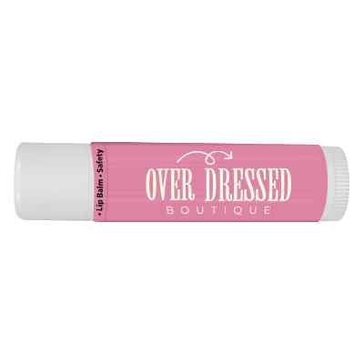 Plastic white lip balm with a full-color imprint.
