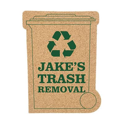 Cork recycle bin coaster with logoed imprint.