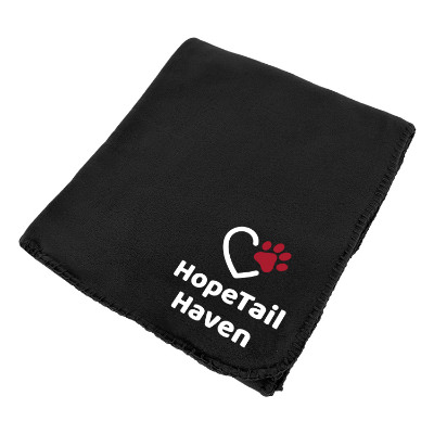 Black fleece blanket with custom full-color logo.