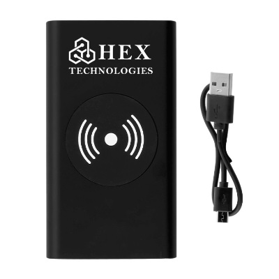 Black aluminum power bank with a branded logo.