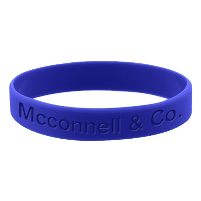 Blue silicone wristband with a custom imprint.