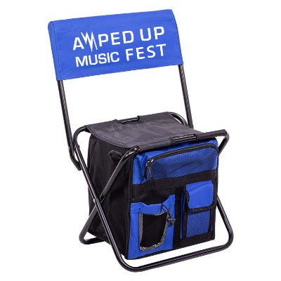 Blue polyester chair with a custom logo.
