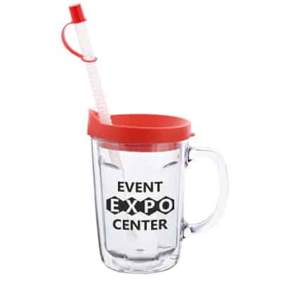 Arcylic clear with red tumbler with custom imprint in 14 ounces.