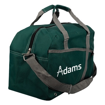 Green gym bag with gray accents and white imprint.