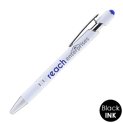 White full-color pen with custom logo.