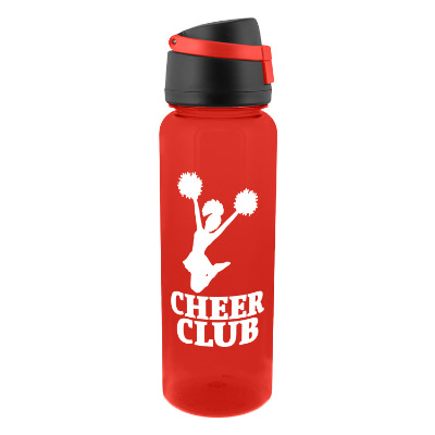 Translucent red plastic bottle with a custom imprint.