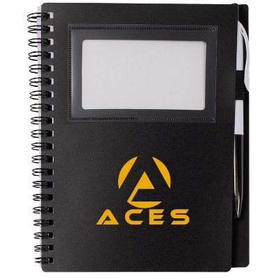 Branded spiral bound black notebook with window.