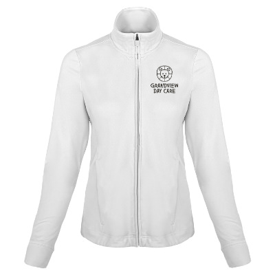 White athletic jacket with custom imprint.