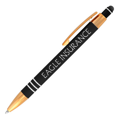 Black metal pen with a personalized logo.