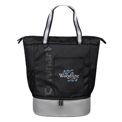 Black polyester cooler with a branded logo.