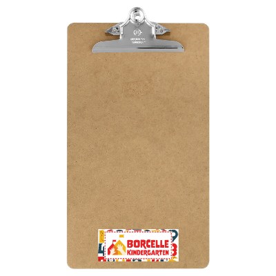 Wooden clipboard with a custom logo.