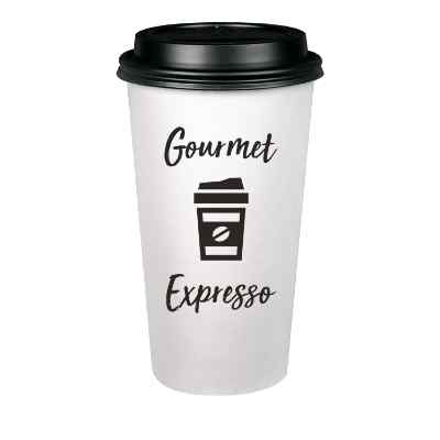 White paper cup with custom branding and black lid in 20 ounces.