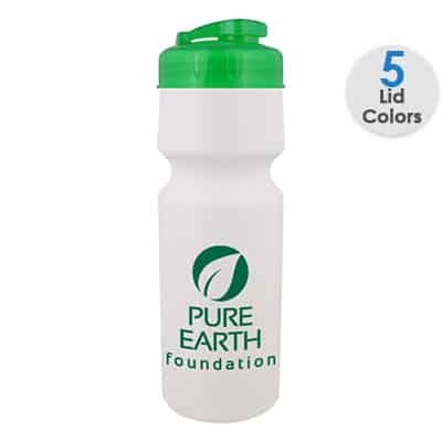 Plastic white water bottle with custom logo and flip top lid in 24 ounces.