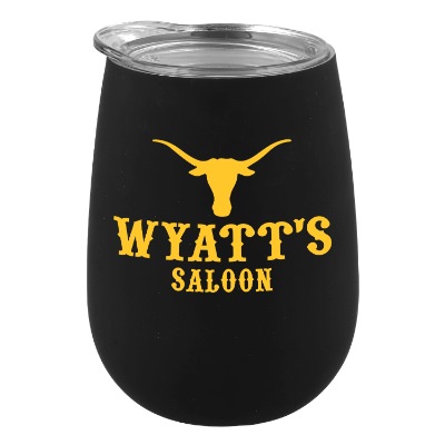 Black wine tumbler with custom imprint.