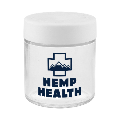 Clear glass jar with custom imprint.