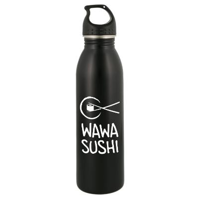 Black stainless steel bottle with custom imprint.