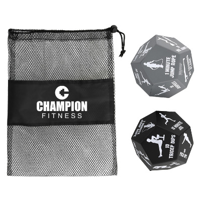 Fitness dice with custom logo on pouch.