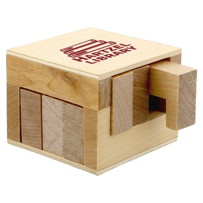 Wood cube puzzle with custom imprint.