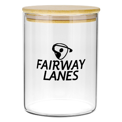 Clear glass jar with a custom imprint.