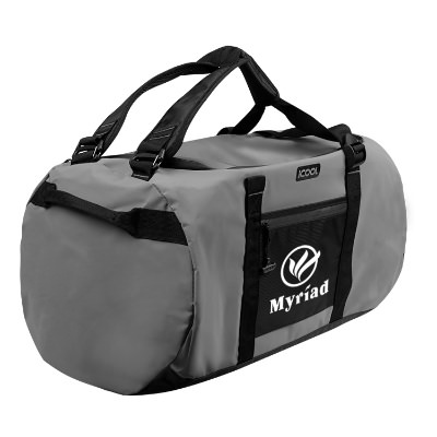 Gray convertible gym bag with custom white imprint.