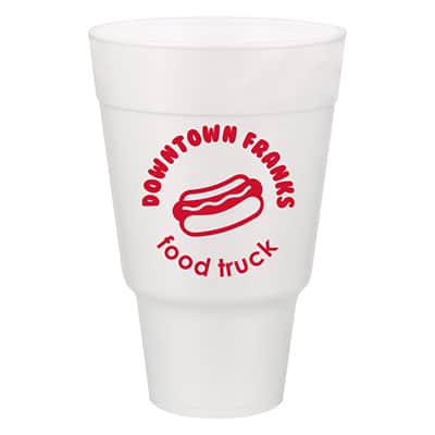 Styrofoam white traveler foam cup with custom imprint in 32 ounces.
