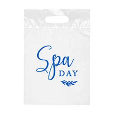 Plastic white eco die cut recyclable bag logoed.
