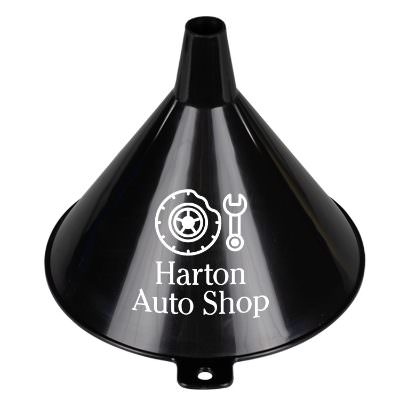 Blue plastic one-pint funnel with printed promotional logo.
