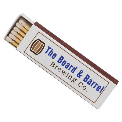 White cardboard matchbox with a custom full-color logo.