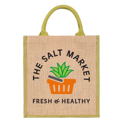 Natural jute breakout tote with promotional full color logo.