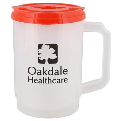Plastic orange tumbler with custom imprint in 20 ounces.