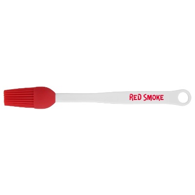 Red silicone and abs plastic basting brush with promotional imprint.