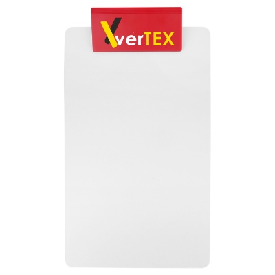 Red polystyrene clipboard with a personalized logo.