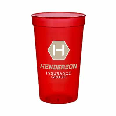 Plastic translucent blue stadium cup with custom full-color imprint in 22 ounces.