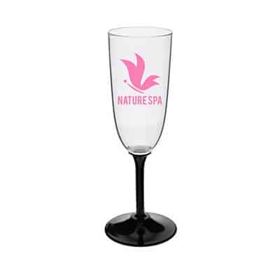 Acrylic black champagne glass with custom imprint in 7 ounces.