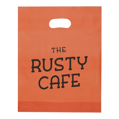 Plastic yellow die cut bag with personalized imprint.