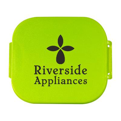 Plastic lime green phone stand with a custom logo.