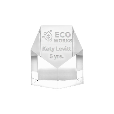 Crystal award with custom laser engraved imprint.