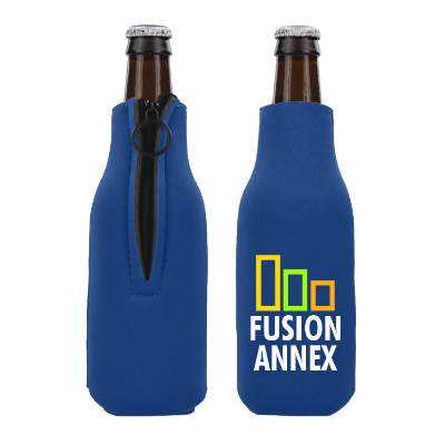 Foam blue bottle cooler with custom full-color logo.