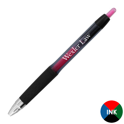 Black plastic pen with a personalized imprint.