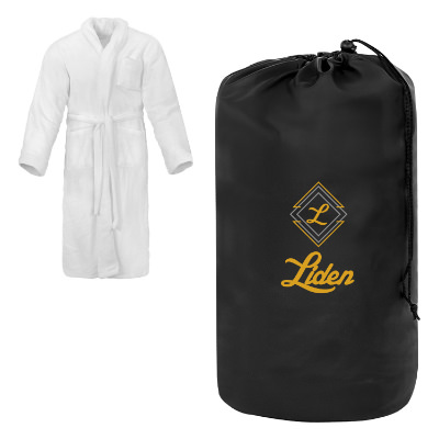 White polyester robe with custom full-color imprint.