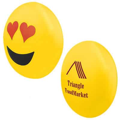 Foam I love you emoji stress ball with a custom imprinted logo.