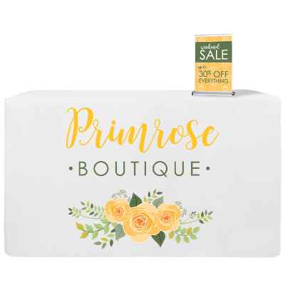 Custom polyester 6 foot bar height table cover with custom letter size table top banner stand trade show package.