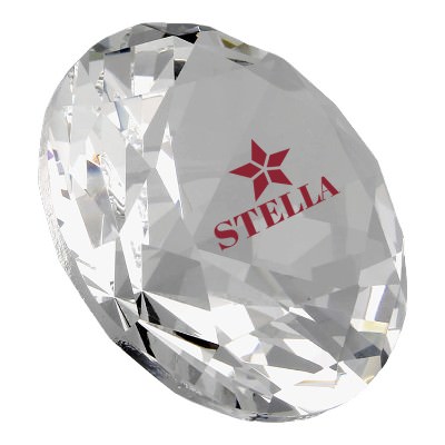 Crystal gem shaped paperweight with custom promotional imprint.