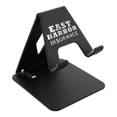 Black aluminum phone holder with a custom imprint.