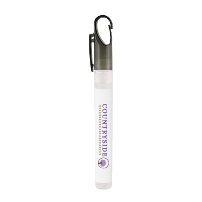 Plastic colored carabiner cap hand sanitizer with a branded logo in .33 ounce.