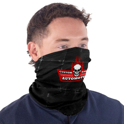 White polyester neck gaiter with a custom logo.